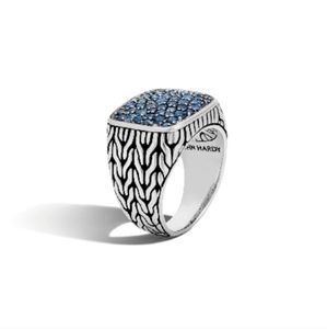 JOHN HARDY CARVED CHAIN BLUE SAPPHIRE SIGNET RING SIZE 9